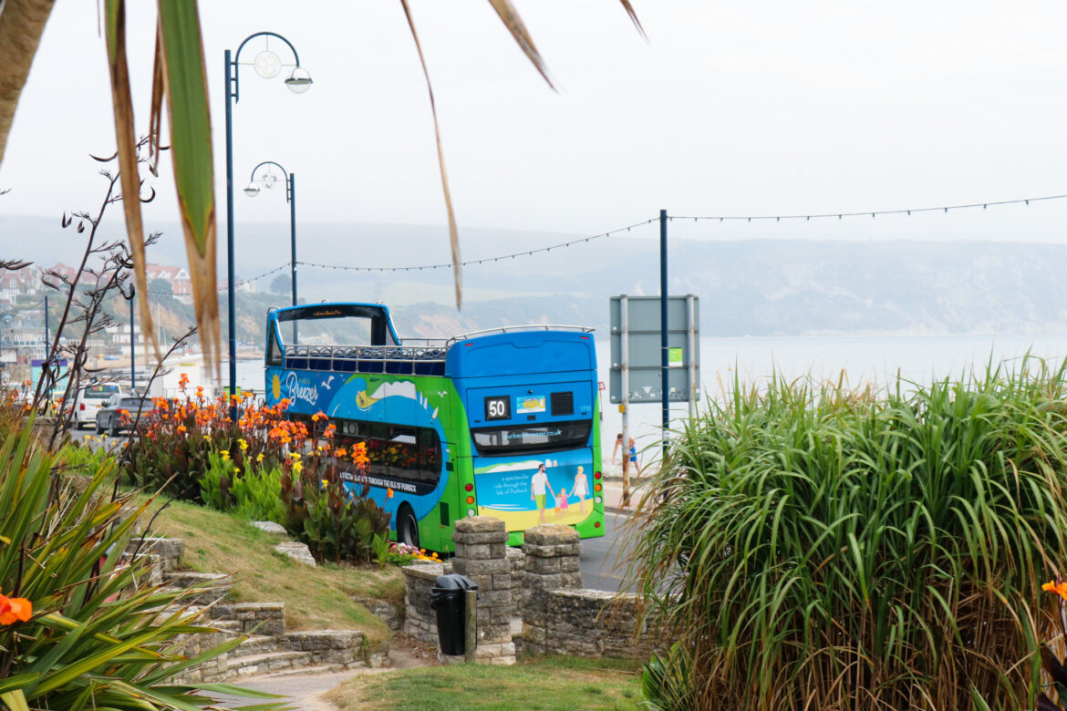 the Number 50 Purbeck Breezer going toward Studland from Swanage on Shore Road