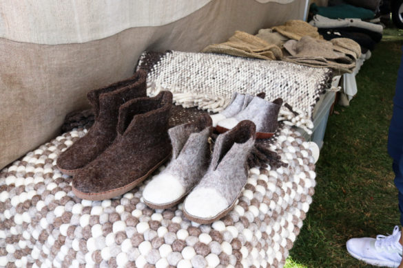 Felted slippers and wool rugs for sale at the Swanage Folk Festival