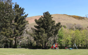 Purbeck Hills rising behind the adventure playground are of Ulwell Caravan Site