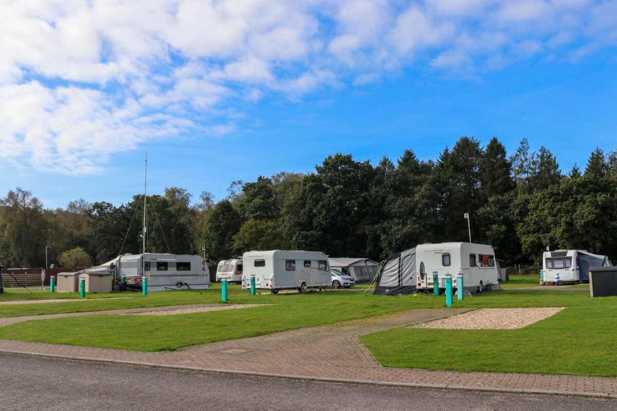 Caravans pitched at the Birchwood Tourist Park by Wareham Forest