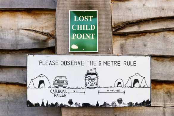 Friendly camping distancing and 'Lost Child' Point' sign at Burnbake Campsite