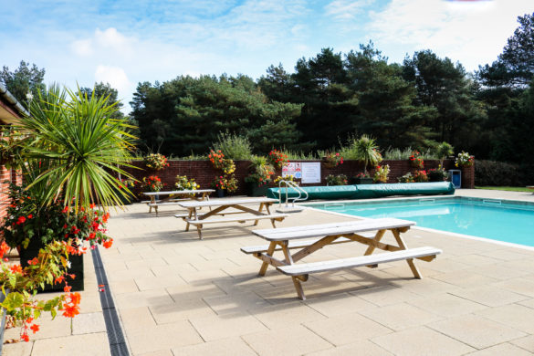 Wooden picnic tables beside the outdoor pool at Wareham Forest Tourist Park