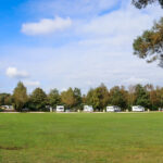Grassy field in front of motorhomes stationed on the premier pitches at Wareham Forest Tourist Park
