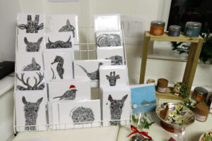 Illustrated animals greetings cards for sale at a craft fair at Hartland Stud