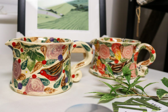 Cups painted with birds and flowers, Hartland Stud Craft Fair