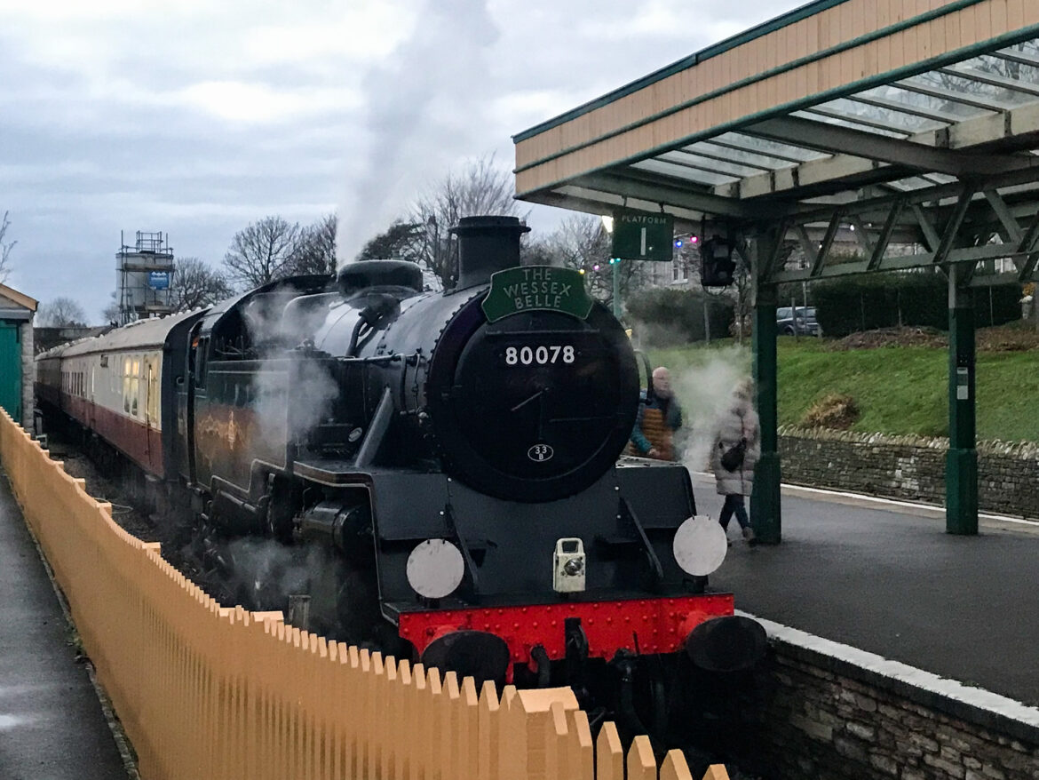 The Wessex Belle steam train pulling in to Swanage Station