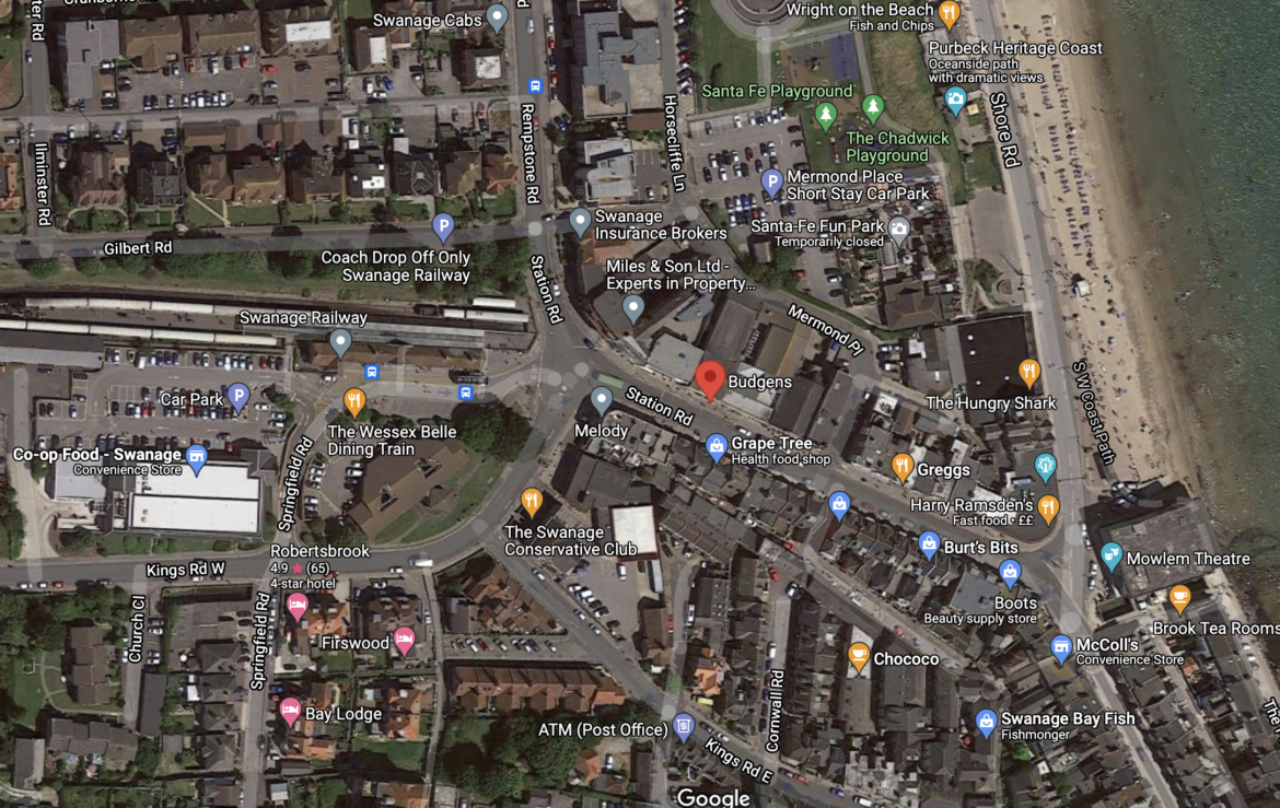 Google map screenshot showing the location of Budgens supermarket on Station Road in Swanage