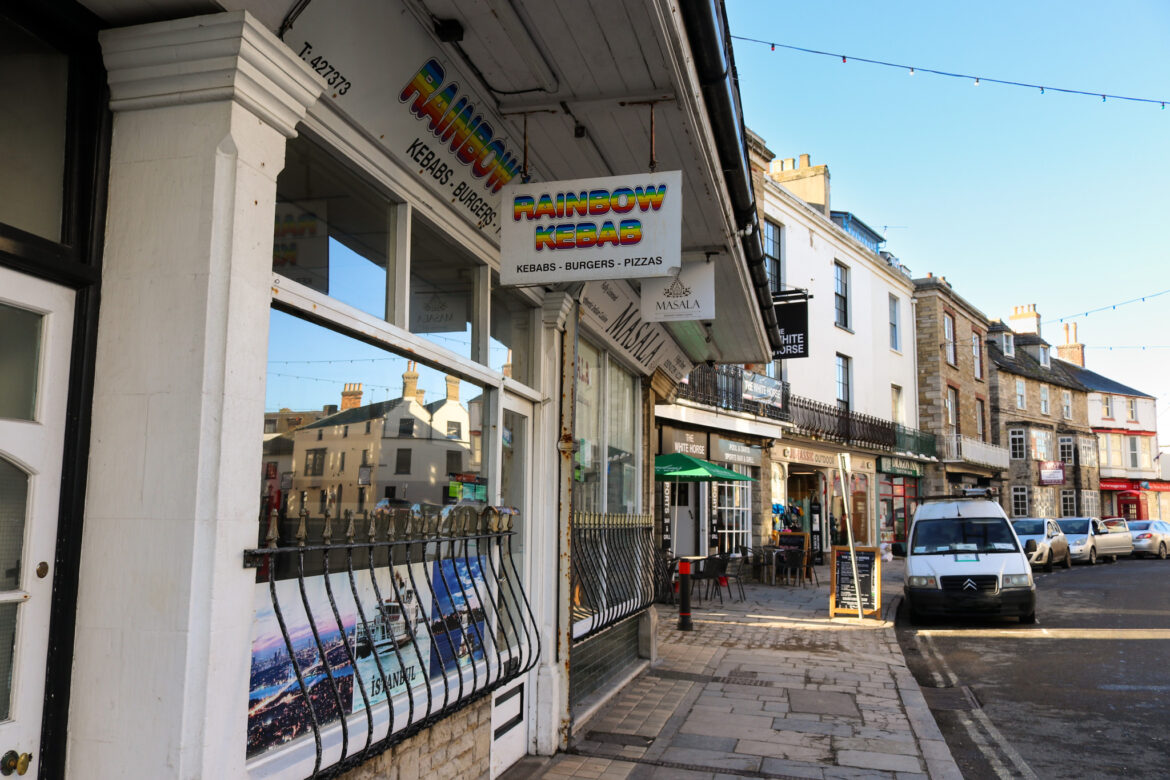 Outside the Swanage kebab shop, Rainbows on High Street