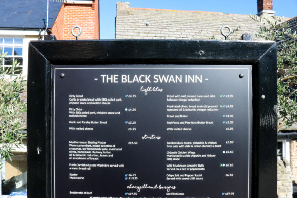 Pub food menu, The Black Swan Inn beer garden, Swanage