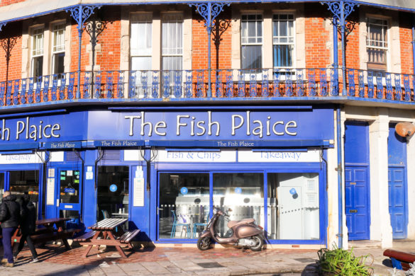 Outside fish & chip shop The Fish Plaice in Swanage