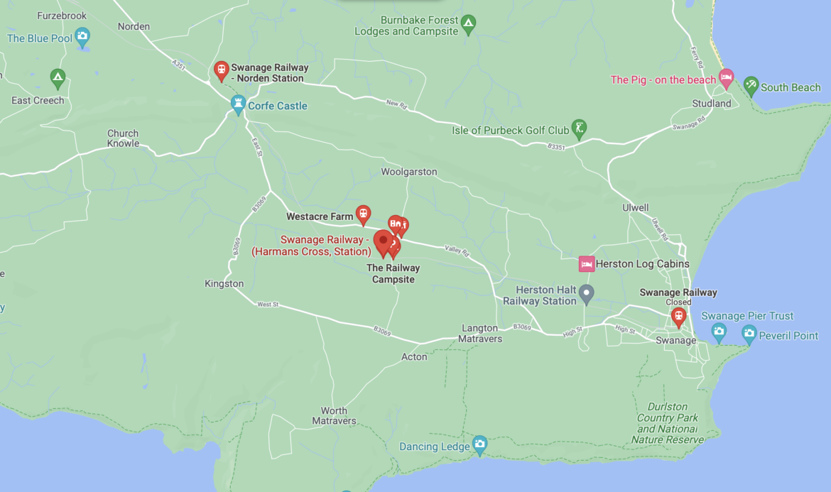 Google Maps showing pin of Harman's Cross location in relation to Swanage