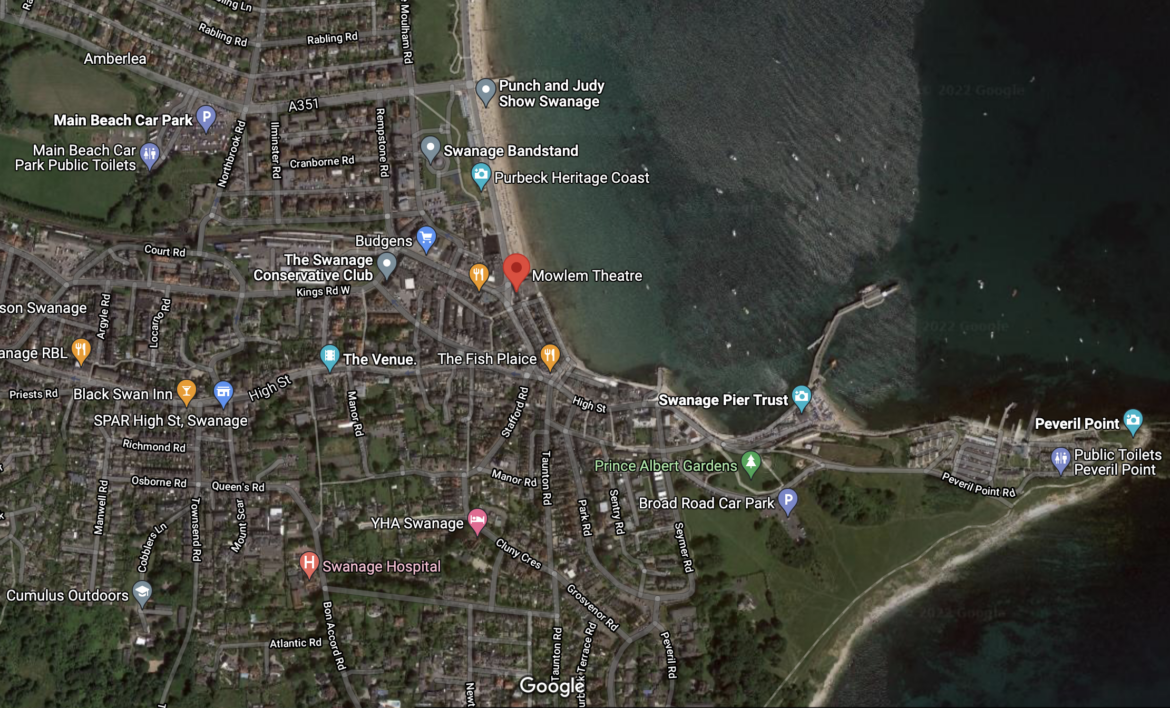 Google Maps showing Swanage's Mowlem theatre in town