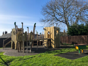 Castle fort timber climbing frame in the village of Corfe Castle