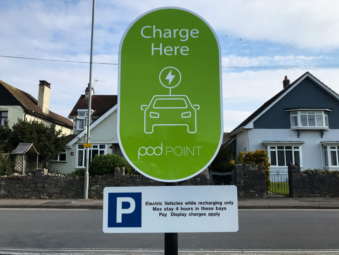 Electric vehicle recharging station at Swanage's Main Beach car park