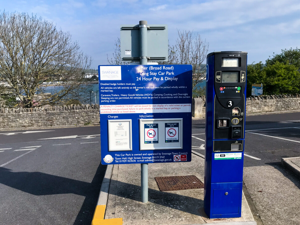 Pay-and-display parking machine at Swanage's Broad Road car park