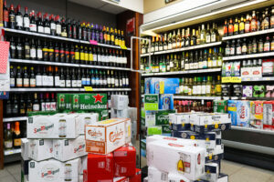 Crates of beer and shelves of wine at Swanage's Londis shop