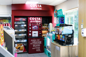 Take-out coffee and slushy machines in the Londis shop in Swanage's petrol station
