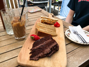 Chocolate, carrot & coffee cake slices on the patio of The Bear, Wareham