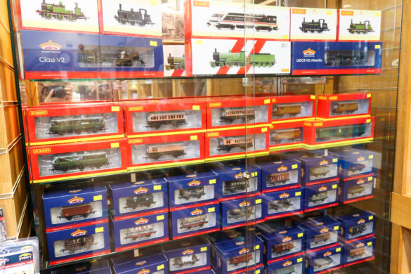 Display of model trains for sale at the Swanage Railway Station shop