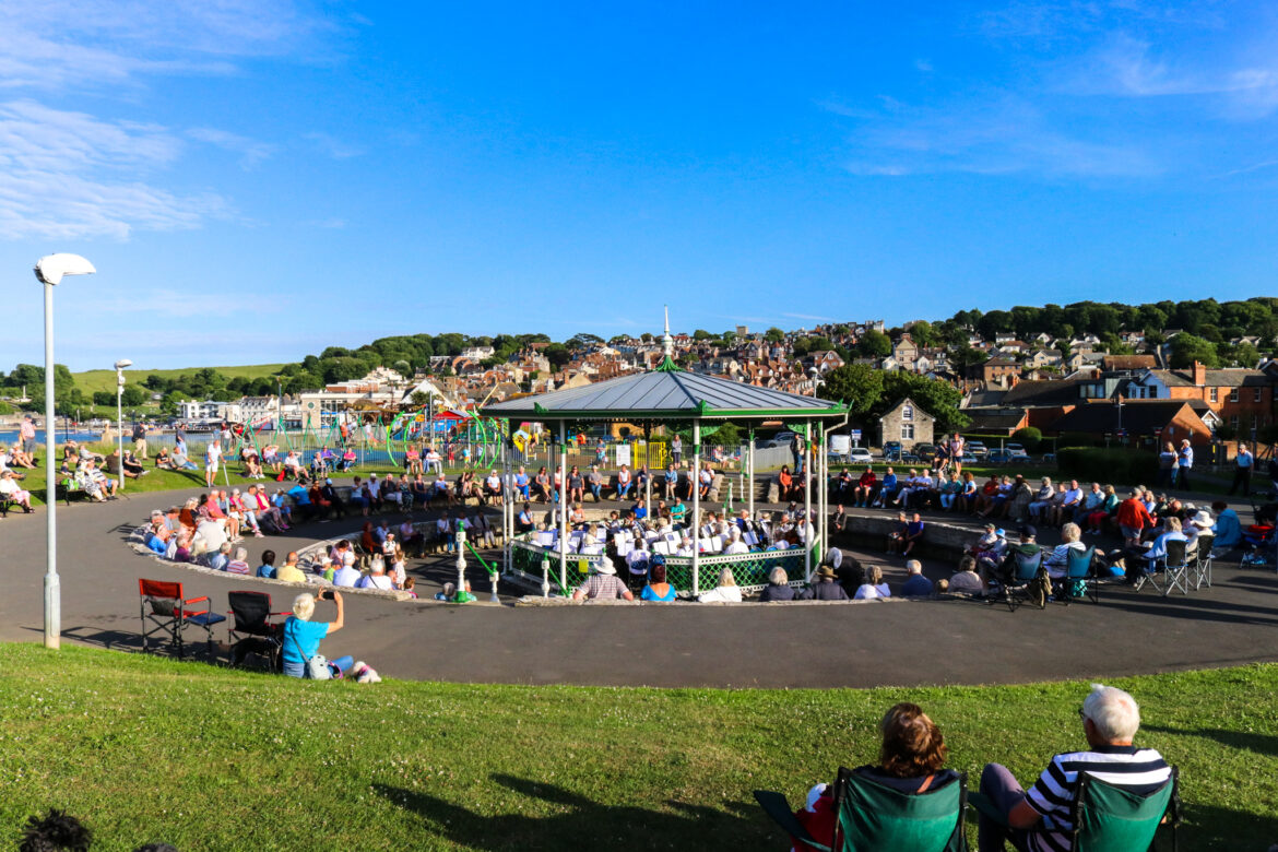 Summer evening performance of Swanage Town Band at the bandstand