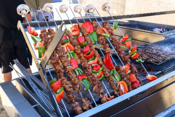 Meat & veg kebabs on the bbq at Camp Bestival