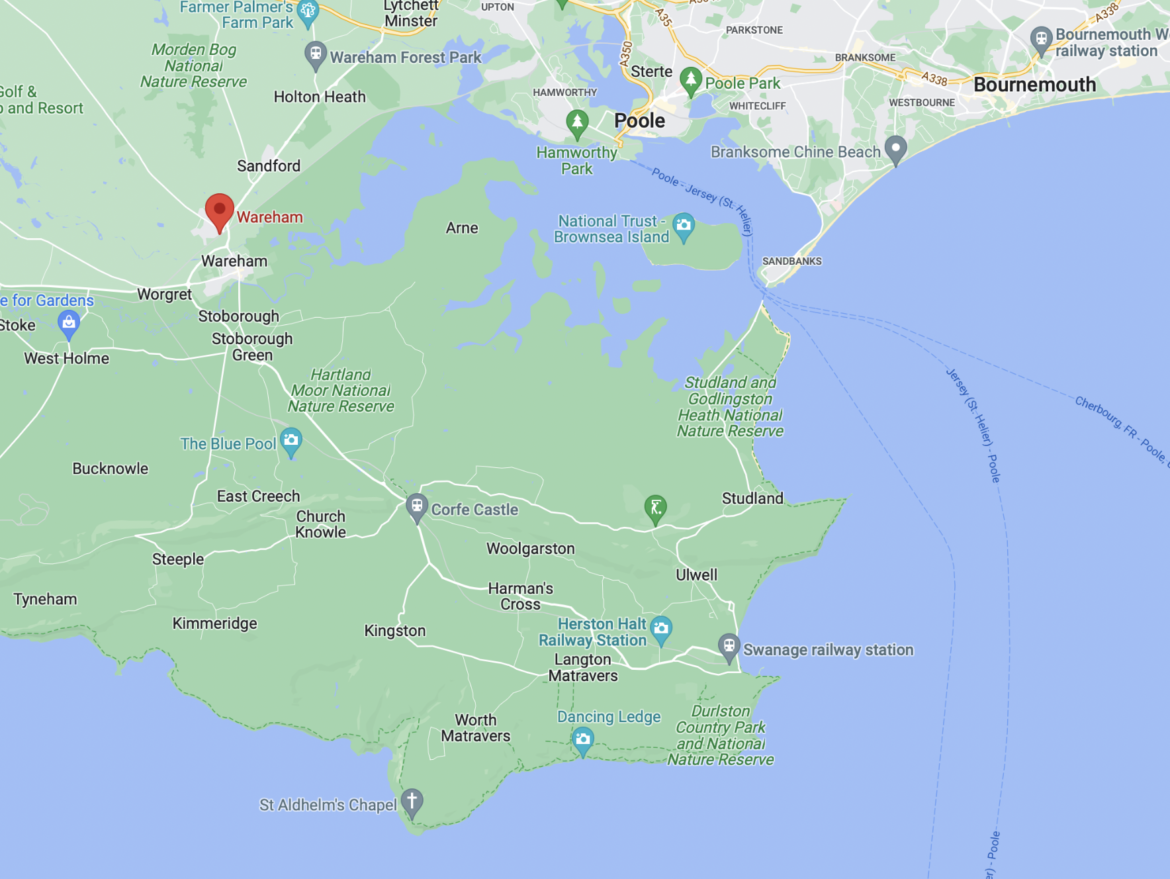 Google map showing the location of Wareham Station in relation to Swanage, Poole & Bournemouth