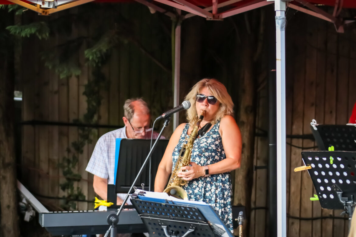 Sax and keyboard player from Not Just Sax at Swanage's Jazz Festival