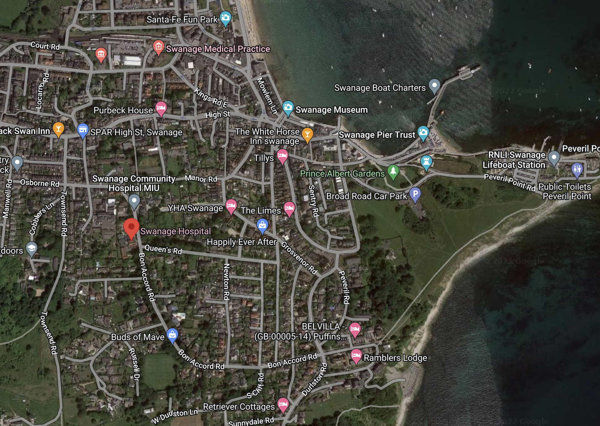 Google map screenshot showing the location of Swanage Community hospital
