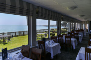 Garden and sea views over Swanage from The Pines Hotel