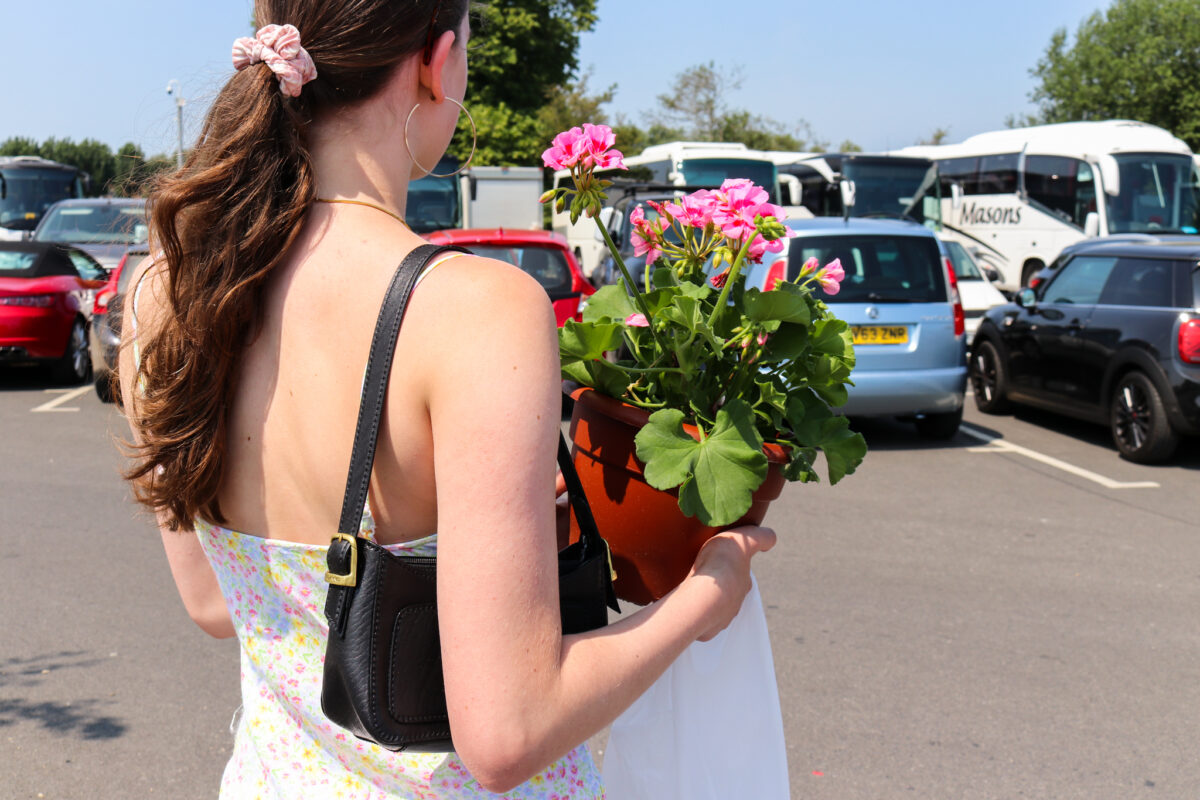 Person buying flowers at Swanage Market