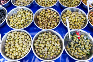 Olives & garlic selection at the Swanage Friday Market